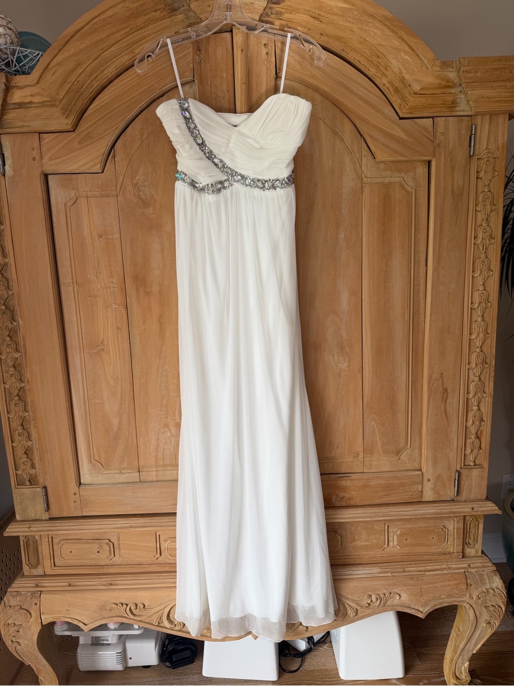 Elegant White Floor Length Evening Gown with Silver Accents